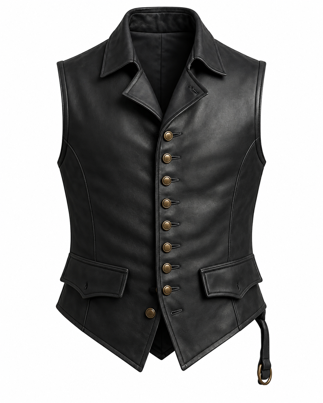 Men’s Black Genuine Leather Brass-Button Side-Lace Vest
