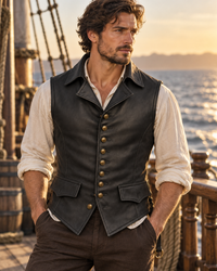Men’s Black Genuine Leather Vest – Brass Buttons & Back Belt