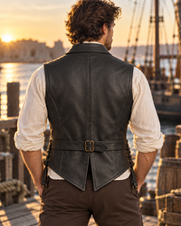 Men’s Black Genuine Leather Vest – Brass Buttons & Back Belt
