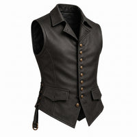 Men’s Black Genuine Leather Vest – Brass Buttons & Back Belt
