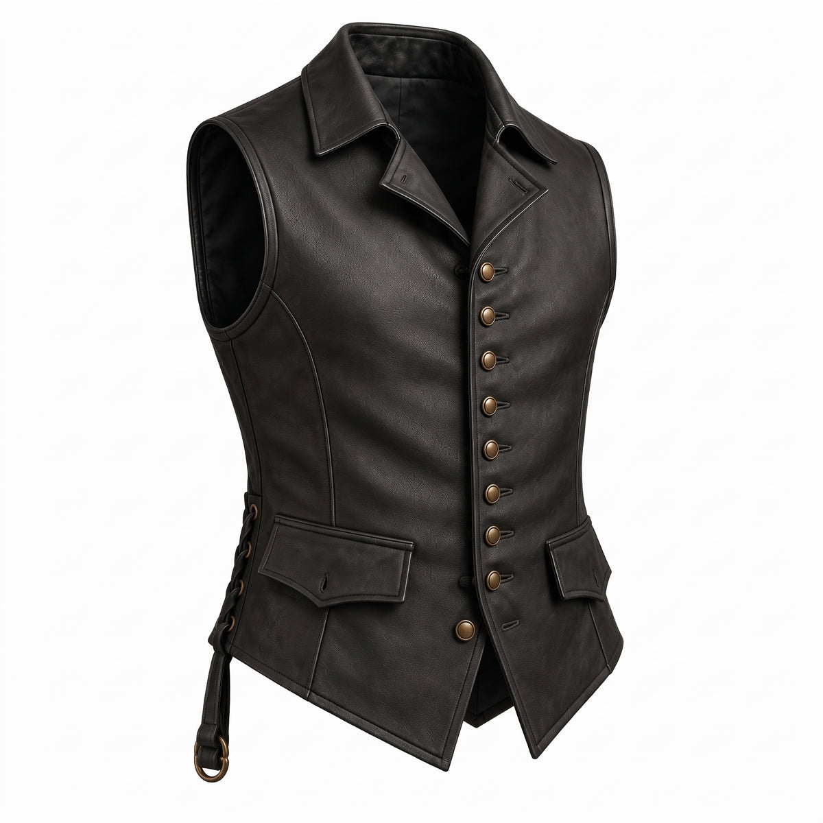 Men’s Black Genuine Leather Vest – Brass Buttons & Back Belt