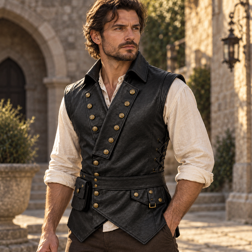 Men's Black Leather Vest – Design 134