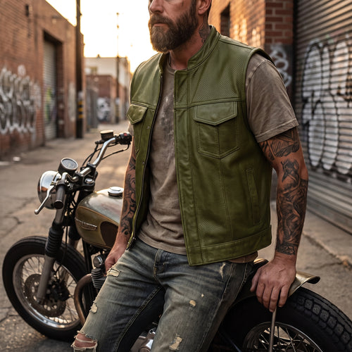 Men's Green Leather Vest – Design 066