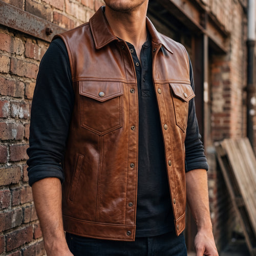 Men's Brown Leather Vest – Design 086
