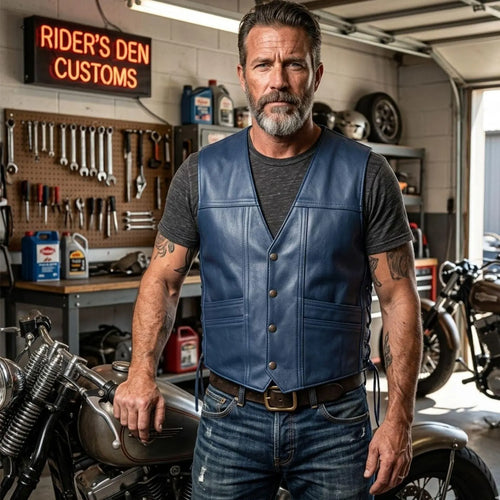 Men's Blue Leather Vest – Design 089