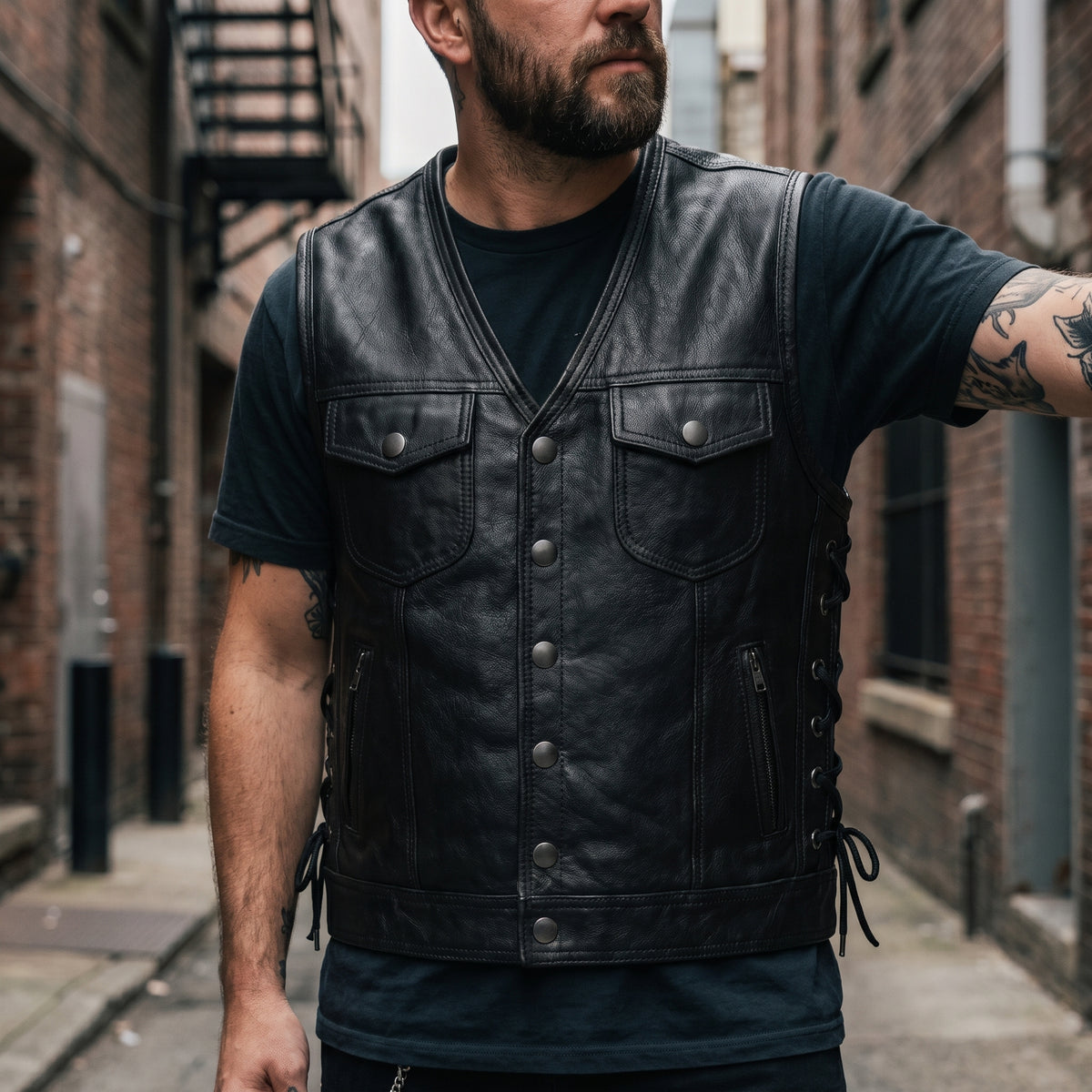Men's Black Leather Vest – black11