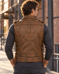 Men’s Brown Genuine Leather Asymmetric-Zip Vest