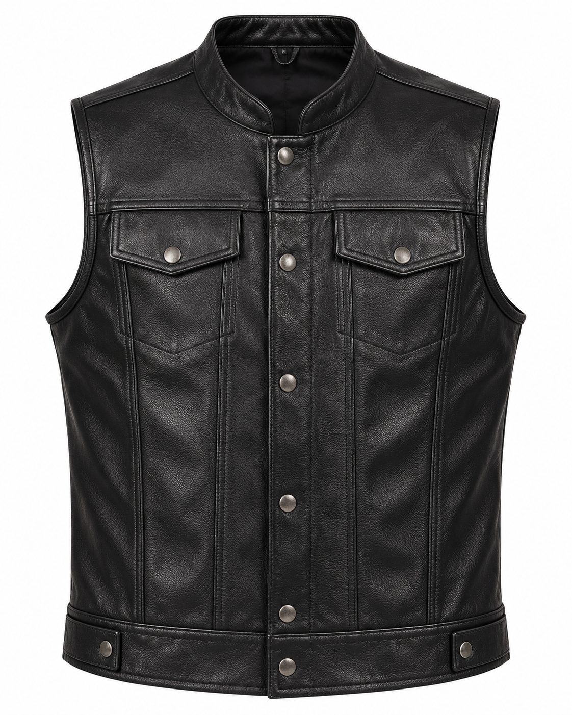 Men’s Black Genuine Leather Snap-Front Biker Vest