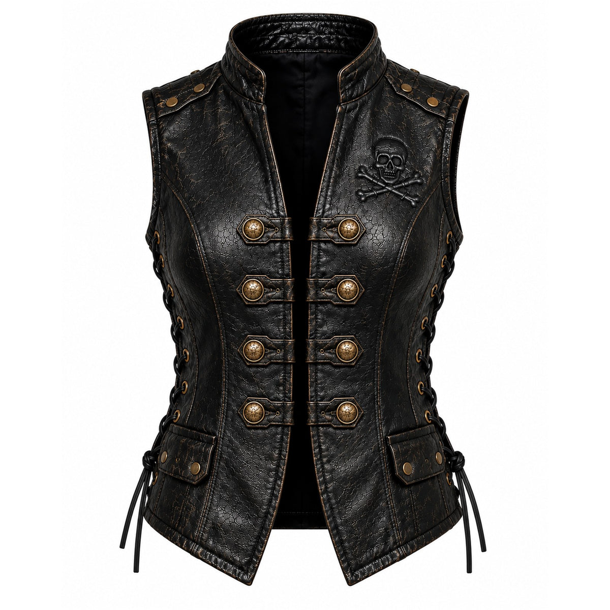 Women’s Black Genuine Leather Skull & Crossbones Vest