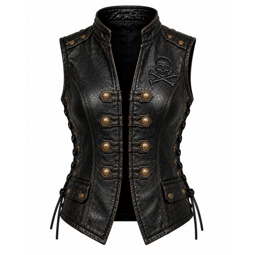 Women’s Black Genuine Leather Skull & Crossbones Vest