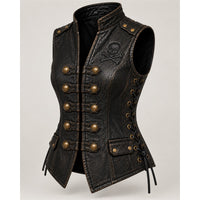 Women’s Black Genuine Leather Skull & Crossbones Vest