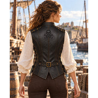 Women’s Black Genuine Leather Skull & Crossbones Vest