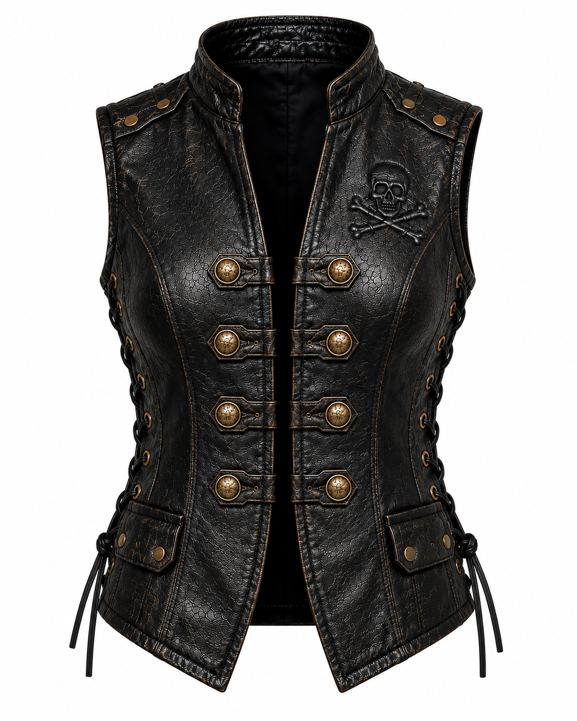 Women’s Black Genuine Leather Skull Side-Lace Vest