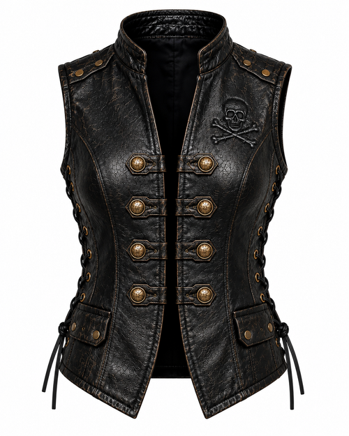Women’s Black Genuine Leather Skull Side-Lace Vest
